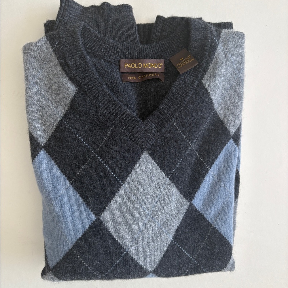 Gray and Blue V-Neck Argyle Sweater